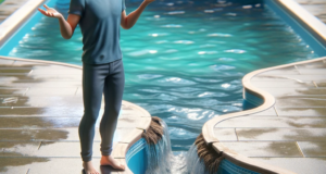 DALL·E 2023-12-26 17.27.32 - A realistic image of a person standing next to their leaking inground swimming pool, shrugging their shoulders in a gesture of confusion and uncertain