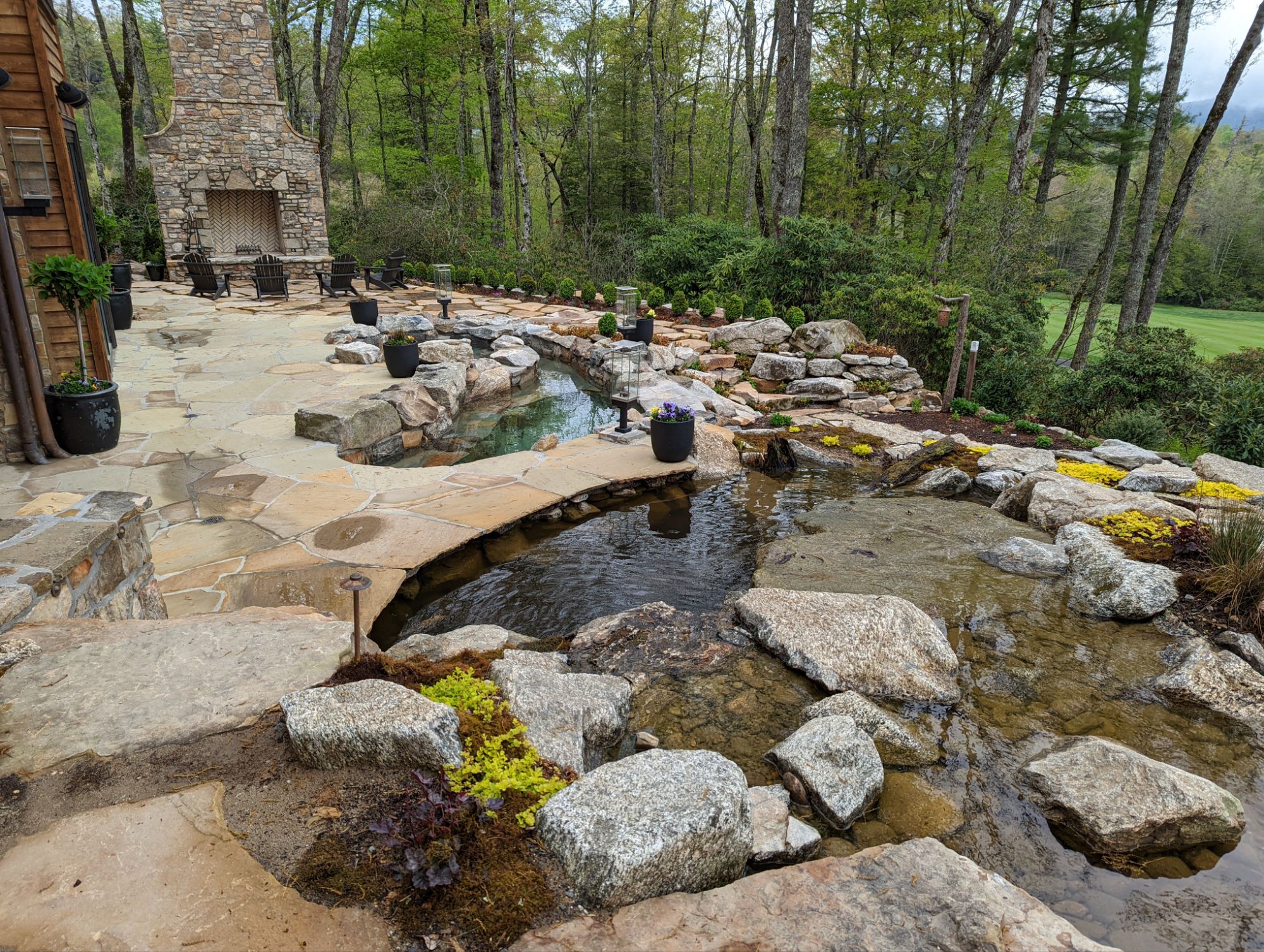 Flagstone Infinity Edge Pool with Waterfall and Hot Tub in Cashiers, NC