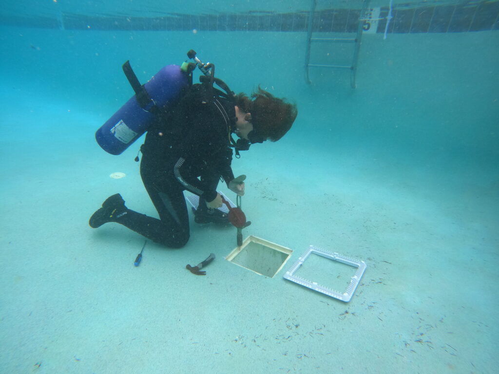 Aquatrace leak detection diver performing an underwater repair on a loose main drain cover in a swimming pool using specialized tools.