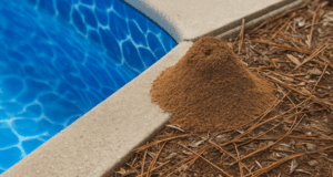 Fire ant mound built against the concrete deck of an inground vinyl swimming pool, showing a common source of underground liner damage.