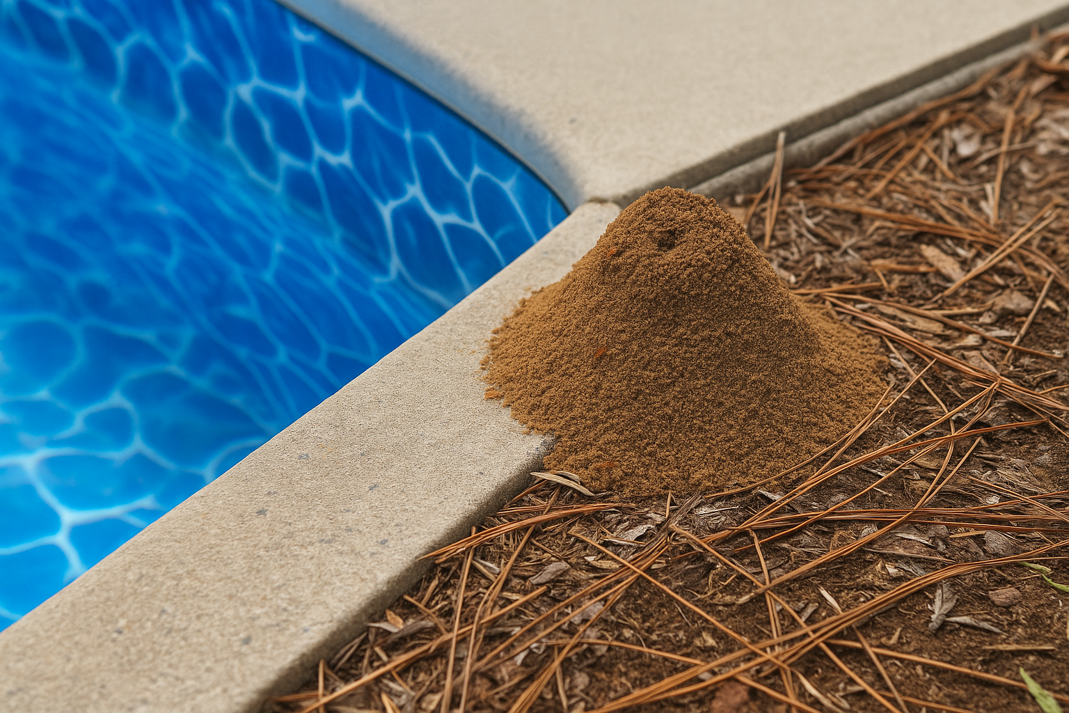 Fire ant mound built against the concrete deck of an inground vinyl swimming pool, showing a common source of underground liner damage.