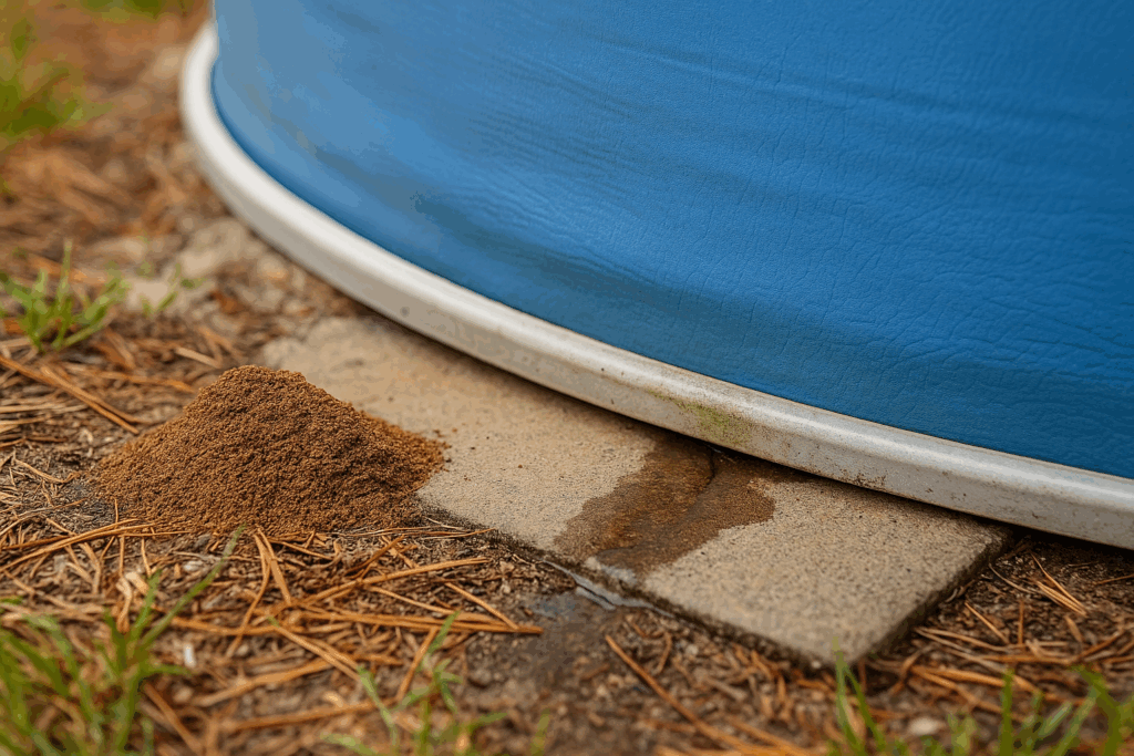 Close-up of a fire ant mound next to an above-ground pool wall with a small wet spot and water trace along the ground.