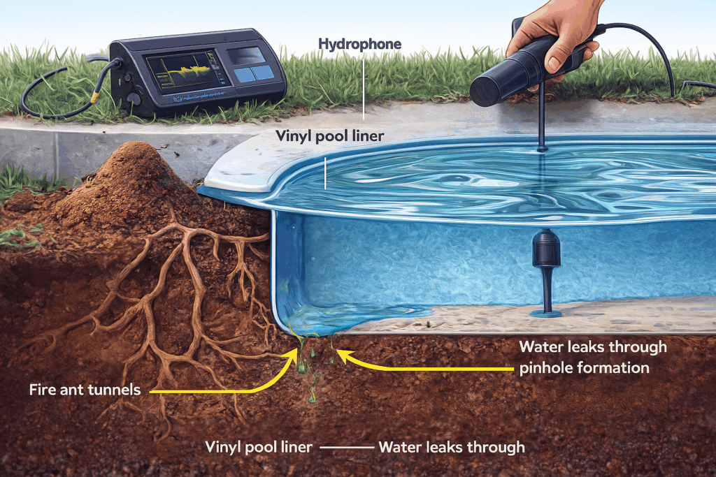 Digital cross-section illustration of a vinyl liner pool showing fire ant tunnels underground and water leaking through pinhole damage, with a hydrophone used for leak detection.